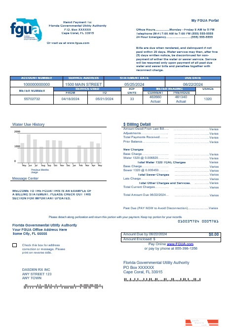 USA Florida FGUA business utility bill template in Word and PDF formats